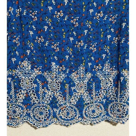 Solitaire Top Womens Large Blue Floral Ruffle Embroidered Scalloped Hem Romantic - Picture 4 of 9